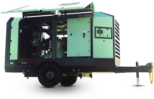 Compresor de aire eléctrico portátil E1035 de Sullair al lado de la acera con puertas abiertas